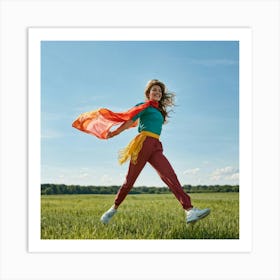 A Youthful Female Exuding Vitality Engaged In Jumping With Unrestrained Joy Sporting Healthy Slim (5) Art Print