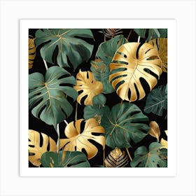 Golden and green leaves of Monstera 3 Art Print