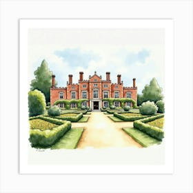 Watercolor Scene Of The Eynsham Hall In Oxfordshire, Capturing Its Grand Design And Beautiful Gardens Art Print