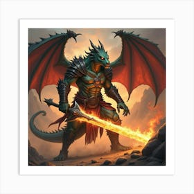 A Fierce Dragonborn Warrior Wielding A Magical Flaming Sword 1 Art Print