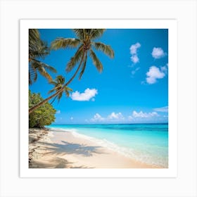 A Sunny Beach In A Tropical Paradise Palm Trees Bending Slightly Above The Turquoise Waters Edge (2) Art Print