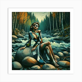 Woman Sitting On Rocks Art Print