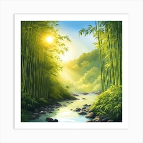 A Stream In A Bamboo Forest At Sun Rise Square Composition 197 Art Print