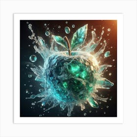 Whimsical Water Dance: Hyper-Realistic Apple Bathed in Sunlight and Gemstone Glow Art Print