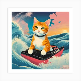 Cat On A Surfboard and waves abstract colorful artwork Art Print