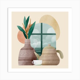 A Tea and a Houseplant by the Window Watercolor Art Print