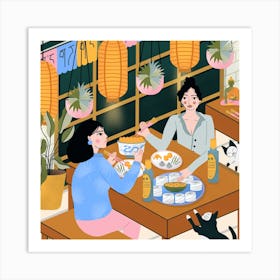 Friends Enjoying Meal Together Square Art Print