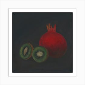 Kiwis And Pomegranate - still life kitchen square red dark food Art Print