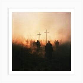 Silhouette Of People Walking In The Fog Art Print