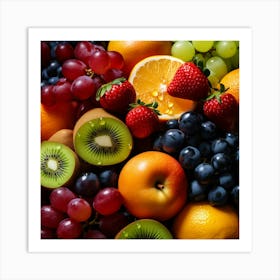 Freah Healthy Fruits Orange Grapes And Kiwi Art Print