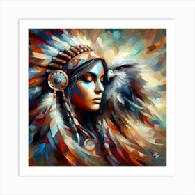 Native American Indian Woman With Hawk Art Print