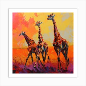 Giraffes In The Sunset Warm Brushstrokes 2 Art Print