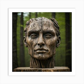 Weathered Wooden Sculpture Featuring Human Facial Characteristics Set Against An Understated Backdr (1) Art Print