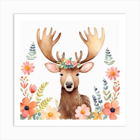 Floral Baby Moose Nursery Illustration (14) Art Print