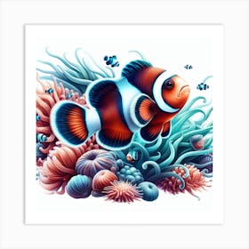 Sea Clownfish In Motion, Sea Clownfish Watercolour Art Print 4 Art Print