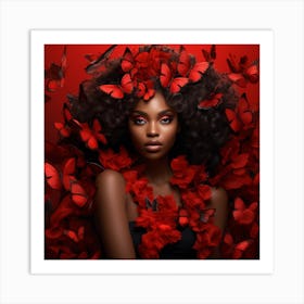 Beautiful African American Woman With Red Butterflies Art Print