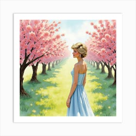 Watercolor Princess Diana Amidst A Picturesque Blooming Orchard 1 Art Print