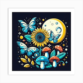 Moon And Butterflies 3 Art Print