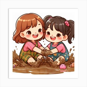 Two Girls Playing In The Mud Art Print