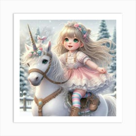 Little Girl Riding A Unicorn Art Print