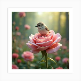 A Tiny Bird With Pastel Feathers, Perched On A Giant Rose In A Whimsical, Enchanted Garden Art Print