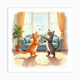 Cat And Human Dancing In The Living Room, Watercolor Painting 1 Art Print