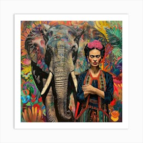 Frida Kahlo and an Elephant. Animal Conservation Series Art Print