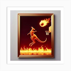 A Bouncing Kangaroo Playing Basketball With Fire, Inspired By The Kinetic Sculptures Of Alexander Calder, With A Fiery Red And Orange Palette, Where The Fire Is In Focus And The Rest Of The Scene Is Blurred 3 Art Print