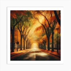 A Picture Of A Street With Trees In Fall Colors And Leaves On The Ground 3 Art Print