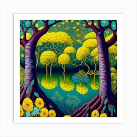 Yellow Trees In A Lake Art Print