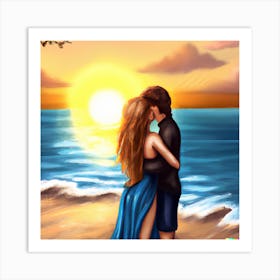 Kissing Couple On The Beach Art Print