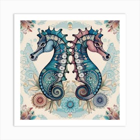 Seahorses In Floral Pattern Art Print