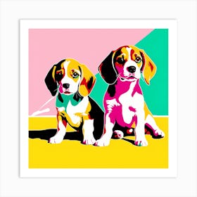 'Beagle Pups' , This Contemporary art brings POP Art and Flat Vector Art Together, Colorful, Home Decor, Kids Room Decor,  Animal Art,  Puppy Bank - 15th Art Print