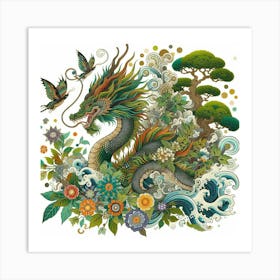 Dragon And Flowers Art Print