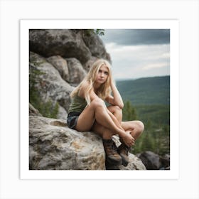 Beautiful Young Woman Sitting On A Rock Art Print