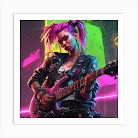 Cyberpunk Girl Playing Guitar Art Print