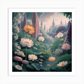 Fantastical Garden: Lotus Blooms and Whimsical Towers 2 Art Print