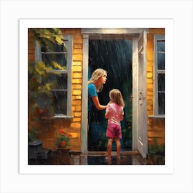 Mother And Daughter In The Rain Art Print