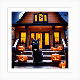Halloween Cat In Front Of House Art Print