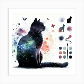 Black Cat With Butterflies Art Print