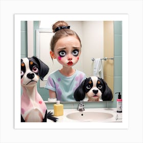 Little Girl With Dogs In Bathroom Art Print