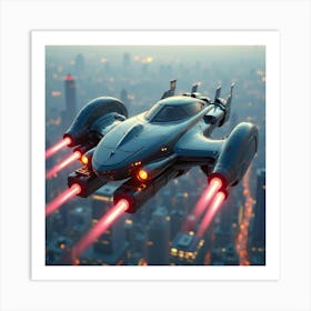 High Tech Flying Car With Jet Engines, Soaring Above A Cyberpunk Skyline 1 Art Print