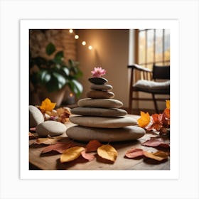 A Pyramid Of Rocks Sits On A Wooden Table Surrounded By Fallen Leaves, Flowers, And A Chair In A Cozy Natural Indoor Setting 1 Art Print