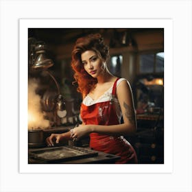 Woman In A Red Apron Art Print