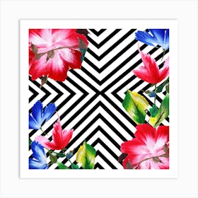 Hibiscus Flowers On Striped Background Art Print