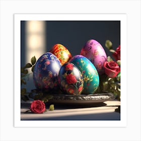 Red Miniature Roses and Decorative Eggs Art Print