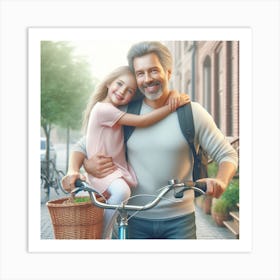 Father And Daughter On A Bicycle Art Print