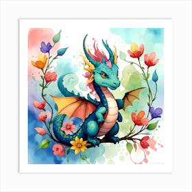 Blue Dragon With Flowers Art Print