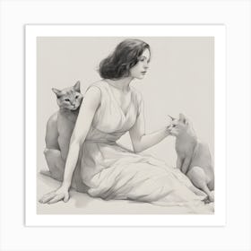 Woman With Cats Pencil Drawing Art Print