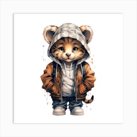 Watercolour Cartoon Tiger In A Hoodie 3 Art Print